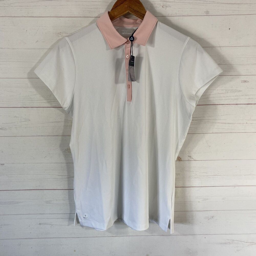 Ahead Performance Womens Short Sleeve Golf Polo Shirt Sz Medium White/Pink New